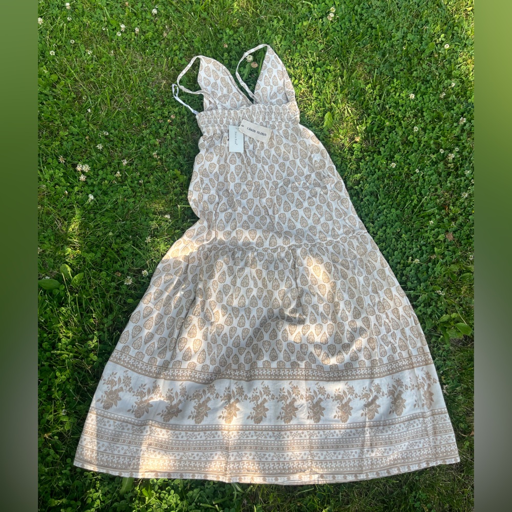 Linen Blend Maxi Sundress Deep V Plunge NWT Cream Beige Botanical Floral XS